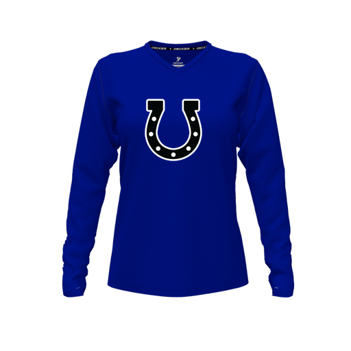 [CUS-DFW-TEES-CMF-VNK-LSL-RYL-FYXS-LOGO2] Decker Comfort T-Shirt (Female Youth XS, Royal, V Neck, Logo 2, Long Sleeve)