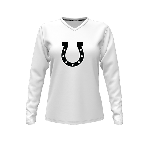 [CUS-DFW-TEES-PER-VNK-LSL-WHT-FYXS-LOGO2] Performance T-Shirt (Female Youth XS, White, V Neck, Logo 2, Long Sleeve)