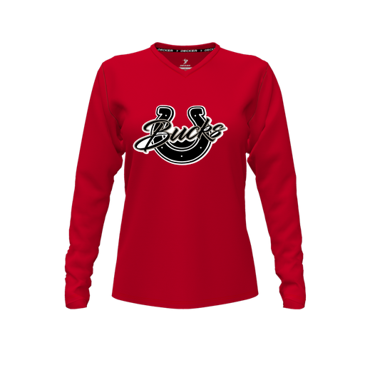 [CUS-DFW-TEES-PER-VNK-LSL-RED-FYXS-LOGO1] Performance T-Shirt (Female Youth XS, Red, V Neck, Logo 1, Long Sleeve)