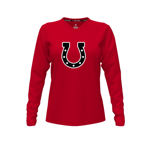 [CUS-DFW-TEES-PER-VNK-LSL-RED-FYXS-LOGO2] Performance T-Shirt (Female Youth XS, Red, V Neck, Logo 2, Long Sleeve)